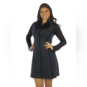 Laura Hlavac Lace Lines Dress Tunic Mesh Sleeve Cowl Neck Fit & Flare Teal Green